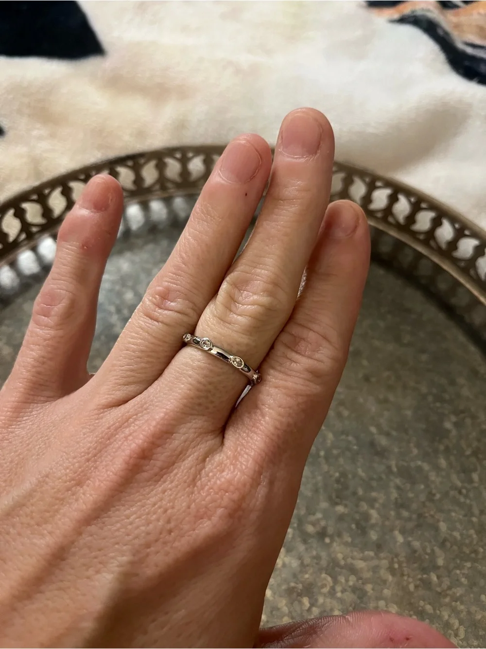 Delicate White Gold CZ Stacked Band Ring with Accent Stones
